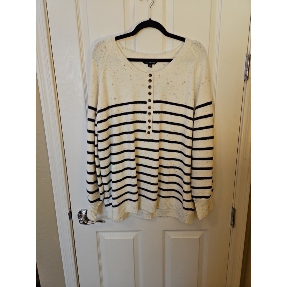 Davi & Dani Speckled Knit LS Button Front Cream/Blue Striped Pullover Sweater 3X